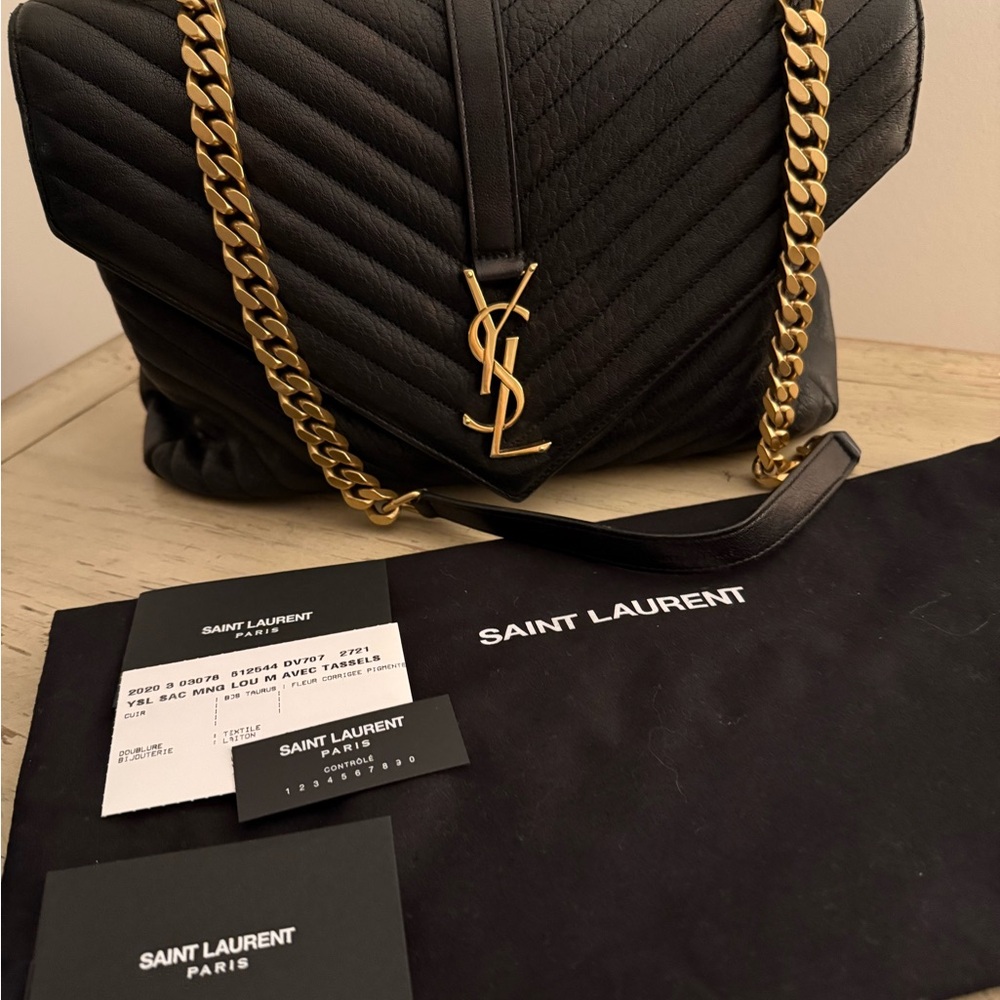 Saint Laurent Black Chevron Shoulder Bag with Gold Chain